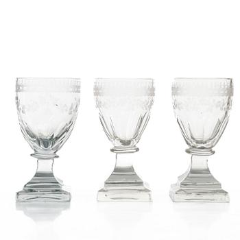 A set of seven Gustavian wine glasses, Sweden, late 18th century.