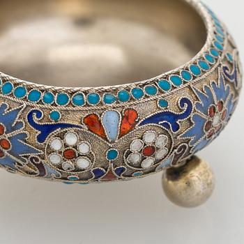 A silver parcel-gilt, cloisonné enamel salt cellar, 1890s.