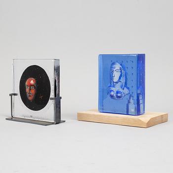 Two glass sculptures by Bertil Vallien, both signed, one limited edition 100, from Kosta Boda.