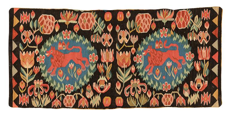 Åkdyna, "Rött Lejon", flamskväv, 100 x 47 cm, sydvästra Skåne, 1800-talets första kvartal.
