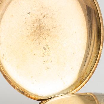 Fickur, 14K guld, kedja 18K guld, "G. Moström Stockholm", savonett, 51 mm.