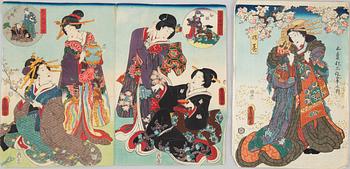 Three coloured woodblock prints, Japan, Meiji (1868-1912).