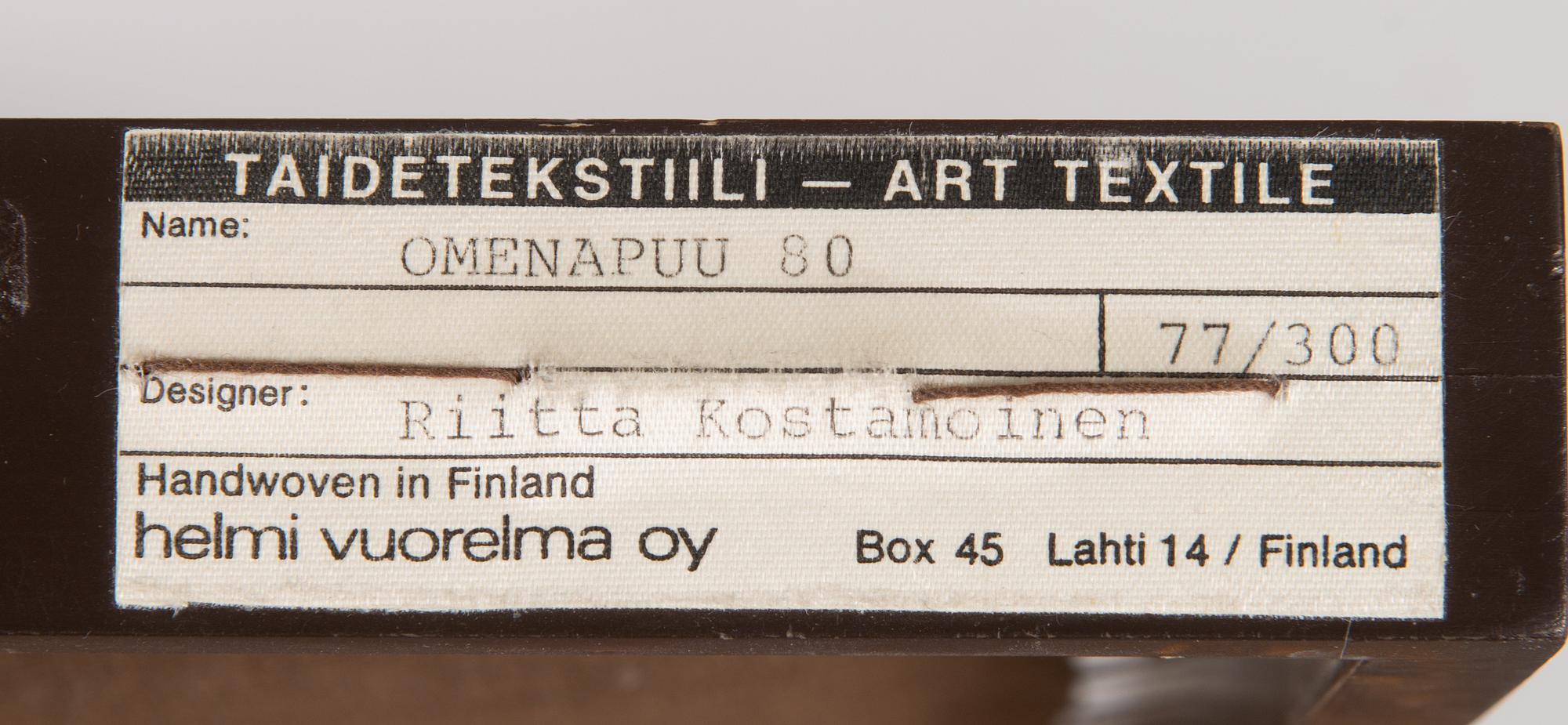 Riitta Kostamoinen, kuultokudos, numeroitu 77 /300 Helmi Vuorelma OY.