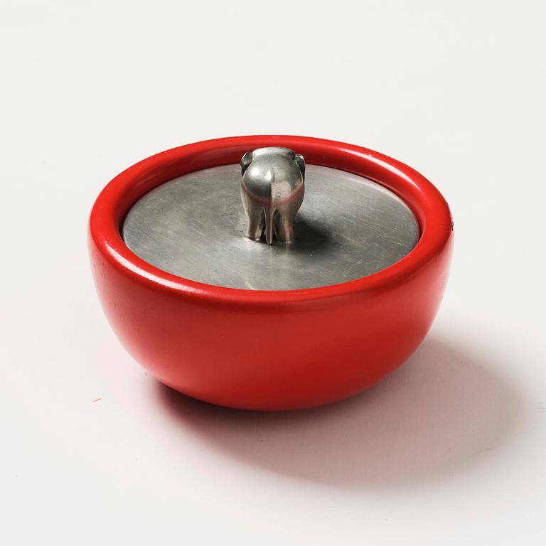 Josef Frank, a red lacquered brass bowl with a pewter cover, Firma Svenskt Tenn, Stockholm, 1949.