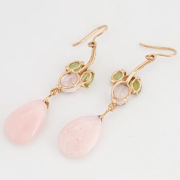 Pink opal, rose quartz, peridot and brilliant-cut diamond earrings.