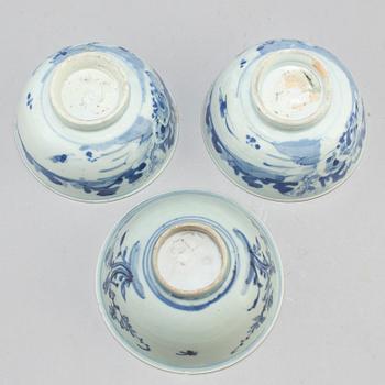 Three blue and white bowls for South East Asian market, one Ming dynasty, and two Qing dynasty.