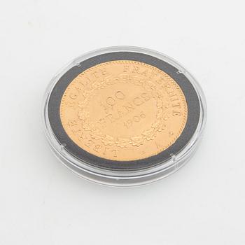 Gold coin France, III:rd Republic Genius 100 francs, 1906.