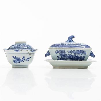 A blue and white butter dish with stand and cover, and a blue and white bowl with cover, China, Qianlong (1736-95).