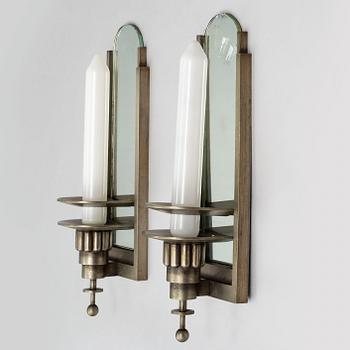 WALL LIGHTS, a pair of 1930's white metal and mirror glass.