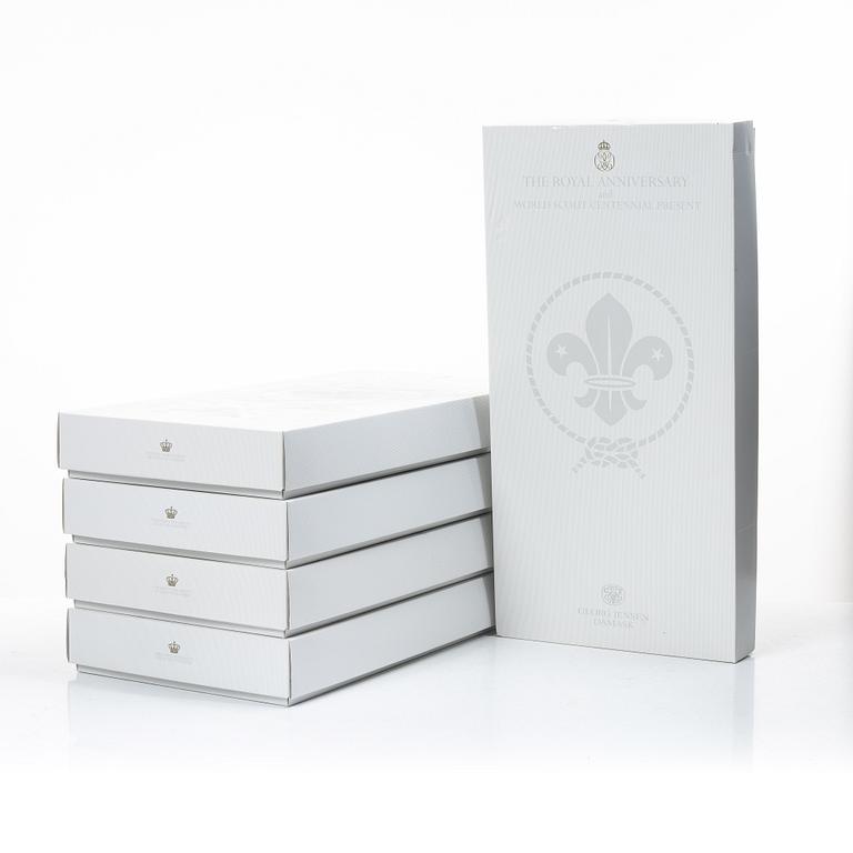 Tablecloths, 4 pcs, and 10 placemats, linen damask, "The Royal Anniversary and World Scout Centennial Present", Georg Jensen.