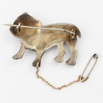 Brosch i form av bulldog, silver med syntetiska stenar.
