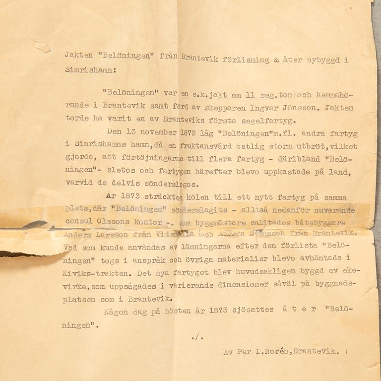 Unknown artist 20th century, "The ship Belöningen, Brantevik".