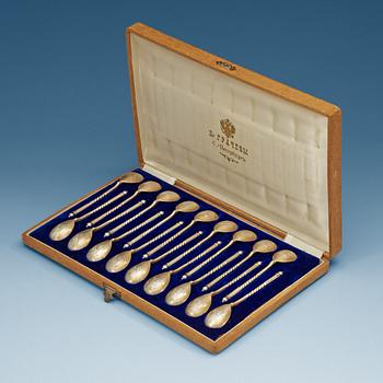 874. A set of 18 Russian 19th century silver-gilt coffee-spoons, makers mark of the firm Gratchev. Imperial Warrant.