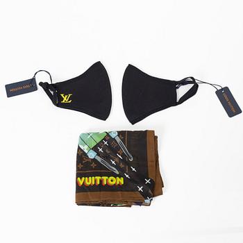 Louis Vuitton, face masks 3 pcs, with accessories and scarf.