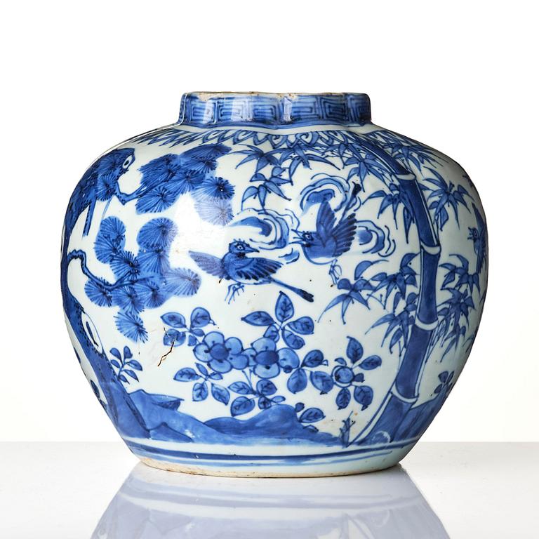A blue and white melon shaped 'three friends of winter' jar, Ming dynasty, Wanli (1572-1620).