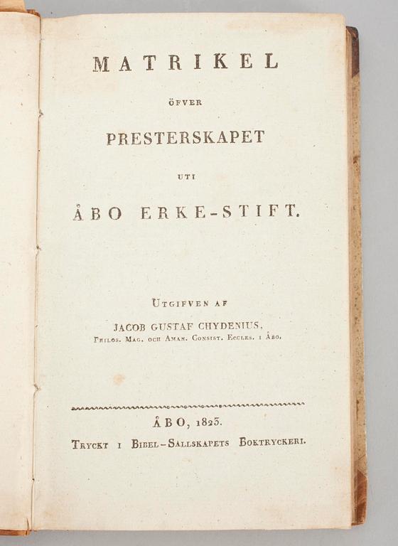 BOKSERIE 3+1 delar, Afhandling om Prestliga Tjenstgöringen och Aflöningen i Åbo Erke-Stift. 1820-22, 1825.