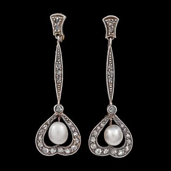 1128. A pair of natural pearl and rose cut diamond earrings, c. 1900.