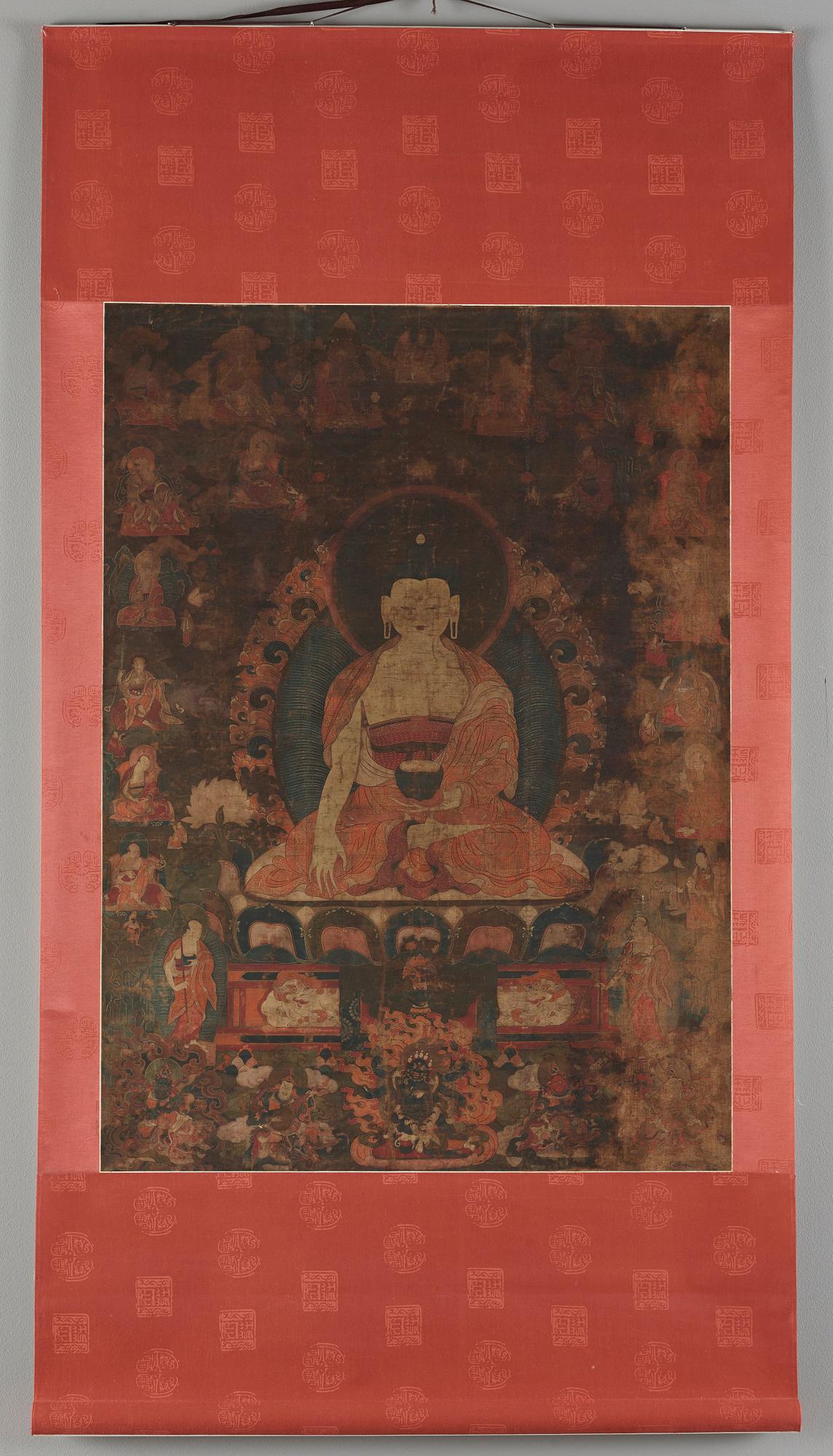 A Tibetan thangka of Shakyamuni Buddha with the eighteen  arhats, 18th century.