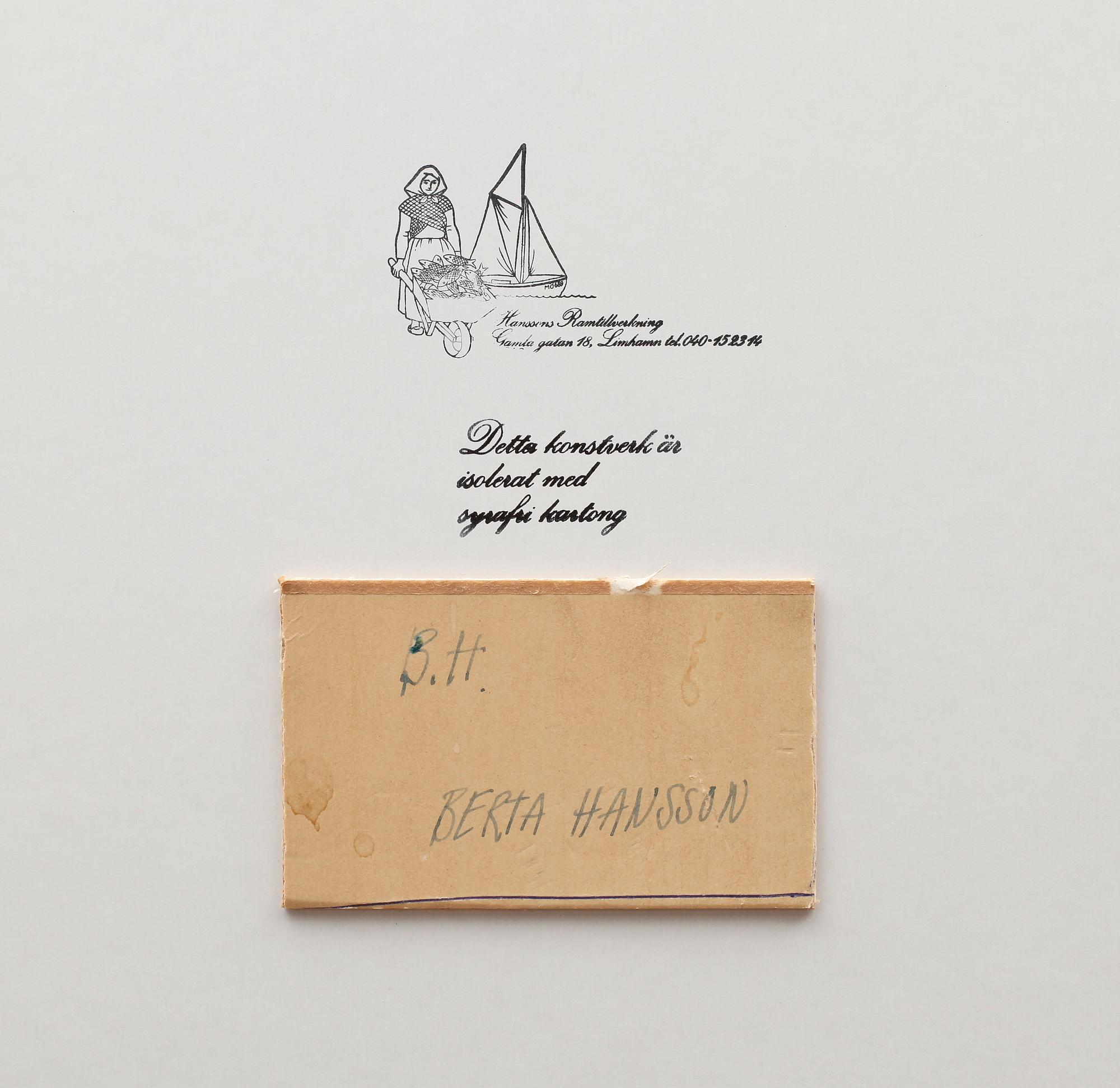 BERTA HANSSON, kolteckning, sign a tergo.