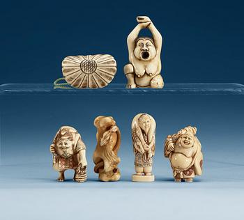 1326. A set of six ivory and bone Japanese Netsukes, Meiji period.