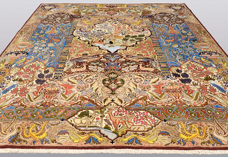 A carpet, Figural Kashmar, ca 388 x 295 cm.