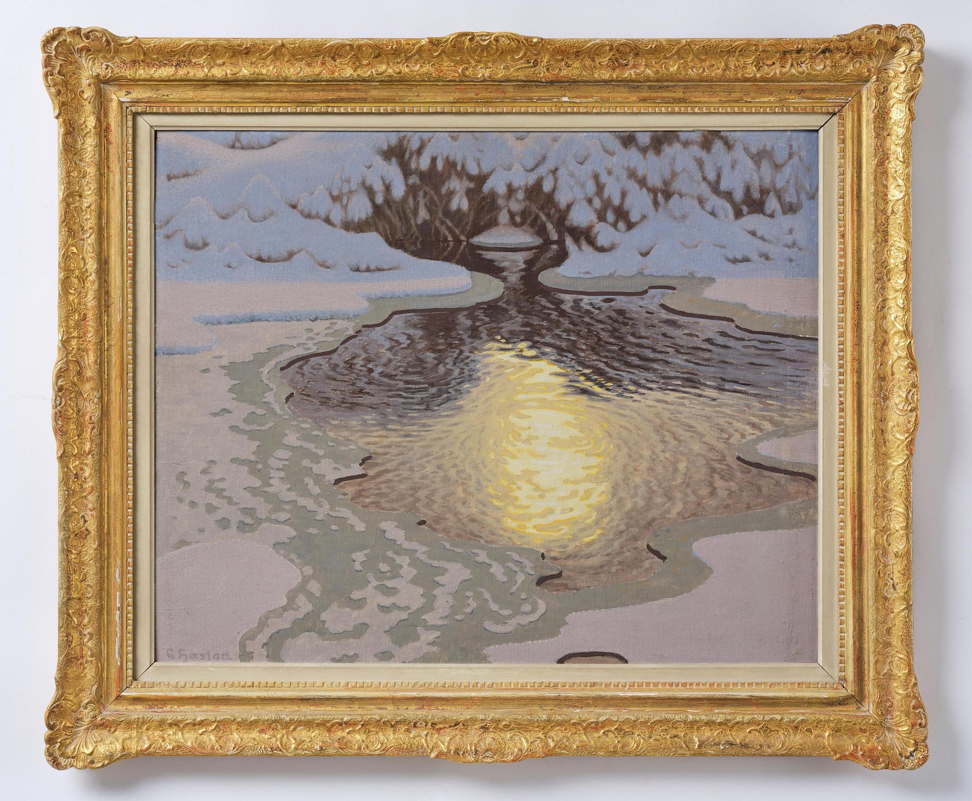 Gustaf Fjaestad, Winter landscape with sunlit watercourse.