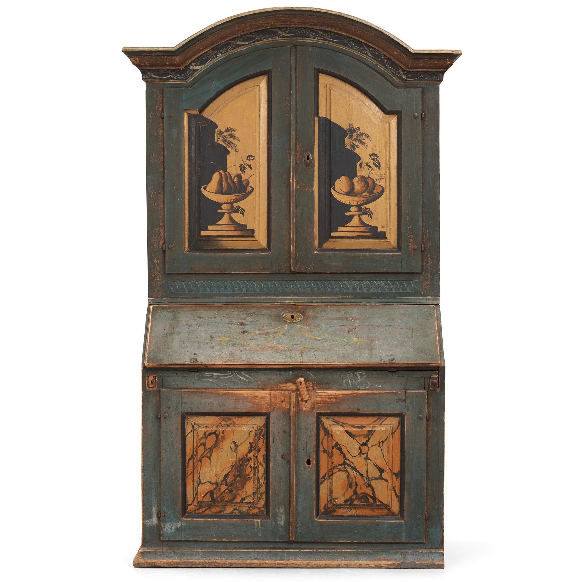 A polychrome-painted writing-cabinet attributed to J. Bäckström (1773-1837), dated 1828.
