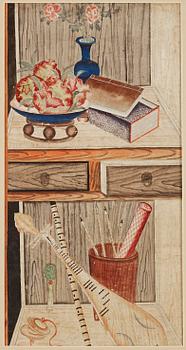 129. A watercoulor of a shelf with pomegranates, flowers, music instrument, brushes and a book, Qing dynasty, 18th century.