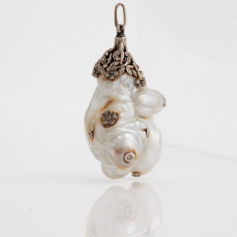 A pendant of a baroque shaped, natural pearl, decorated with rose cut diamonds.