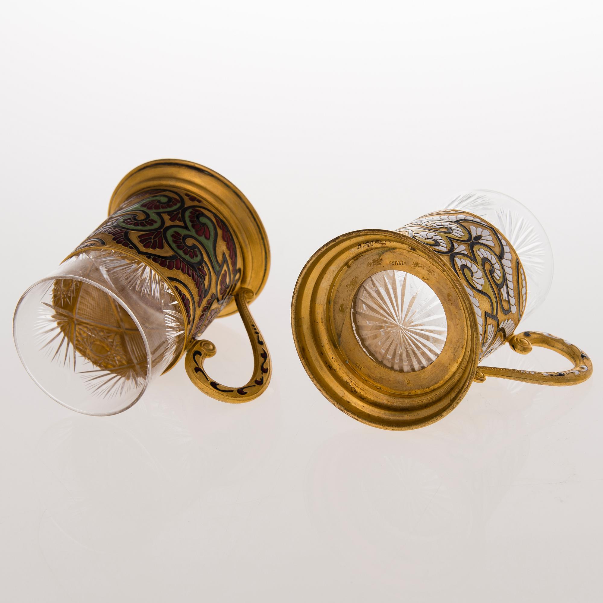Six Russian tea glass holders, silver, metal and enamel, latter half of the 20th century.