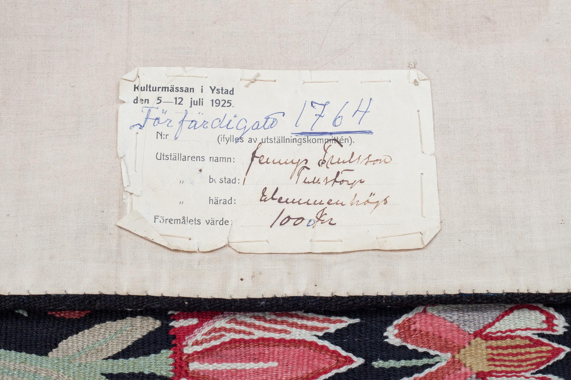 ÅKDYNA (agedyna), flamskväv, Skåne, sannolikt Oxie härad, 1800-tal. Ca 97 x 46,5 cm.