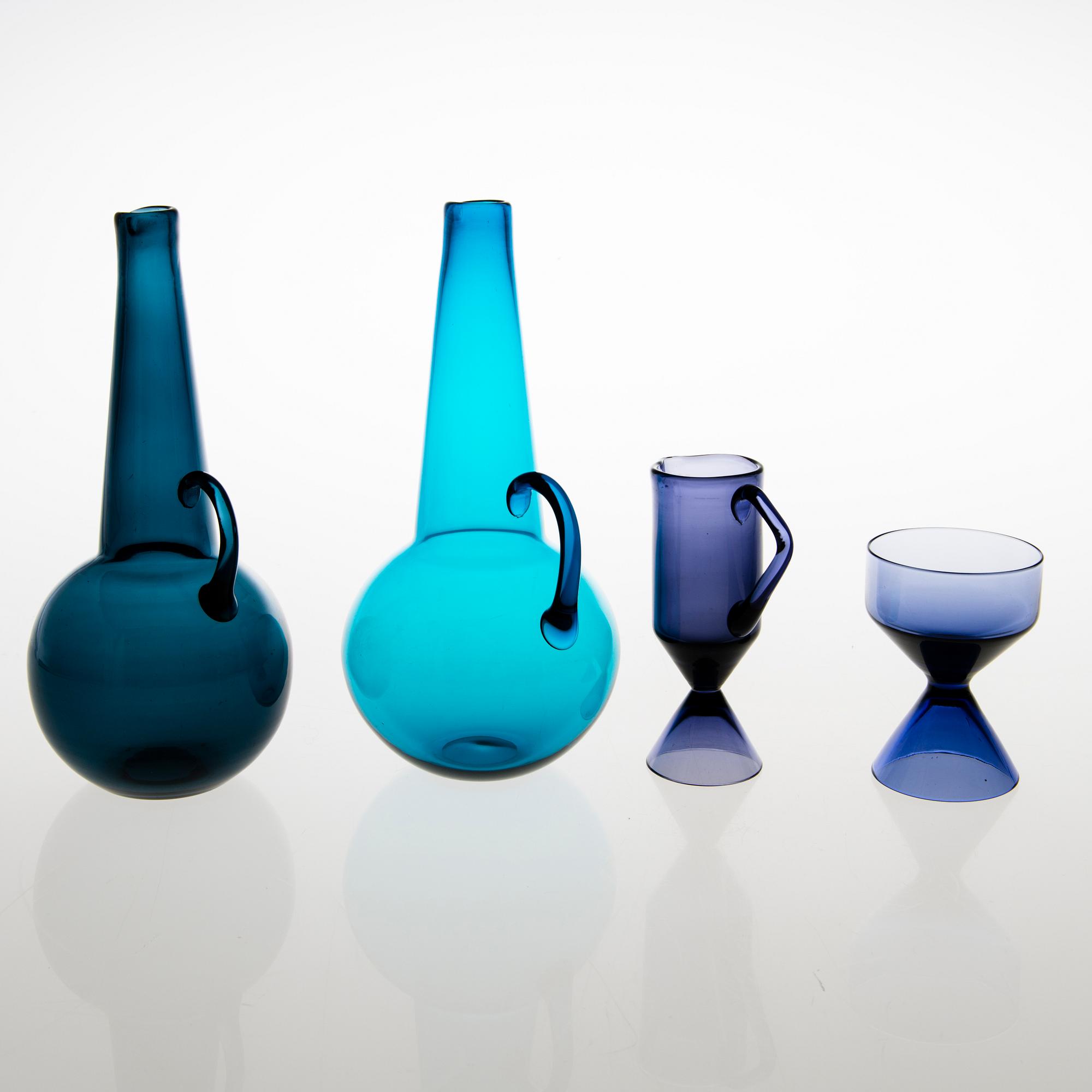 TAMARA ALADIN, KARAFFER, 2 st, SOCKERSKÅL och GRÄDDSNÄCKA, glas, Riihimäen Lasi 1961-64.
