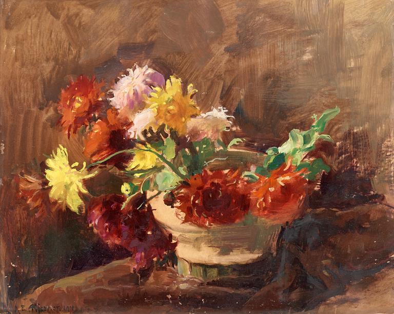 Esther Kjerner, "Chrysanthemer i japansk skål" (Chrysanthemums in a japanese bowl).