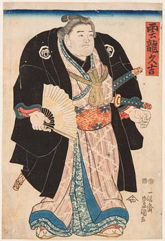 UTAGAWA TOYOKUNI II (1777-1835), två stycken, färgträsnitt. Japan, 1830-tal. "Unryu Hisakichi".