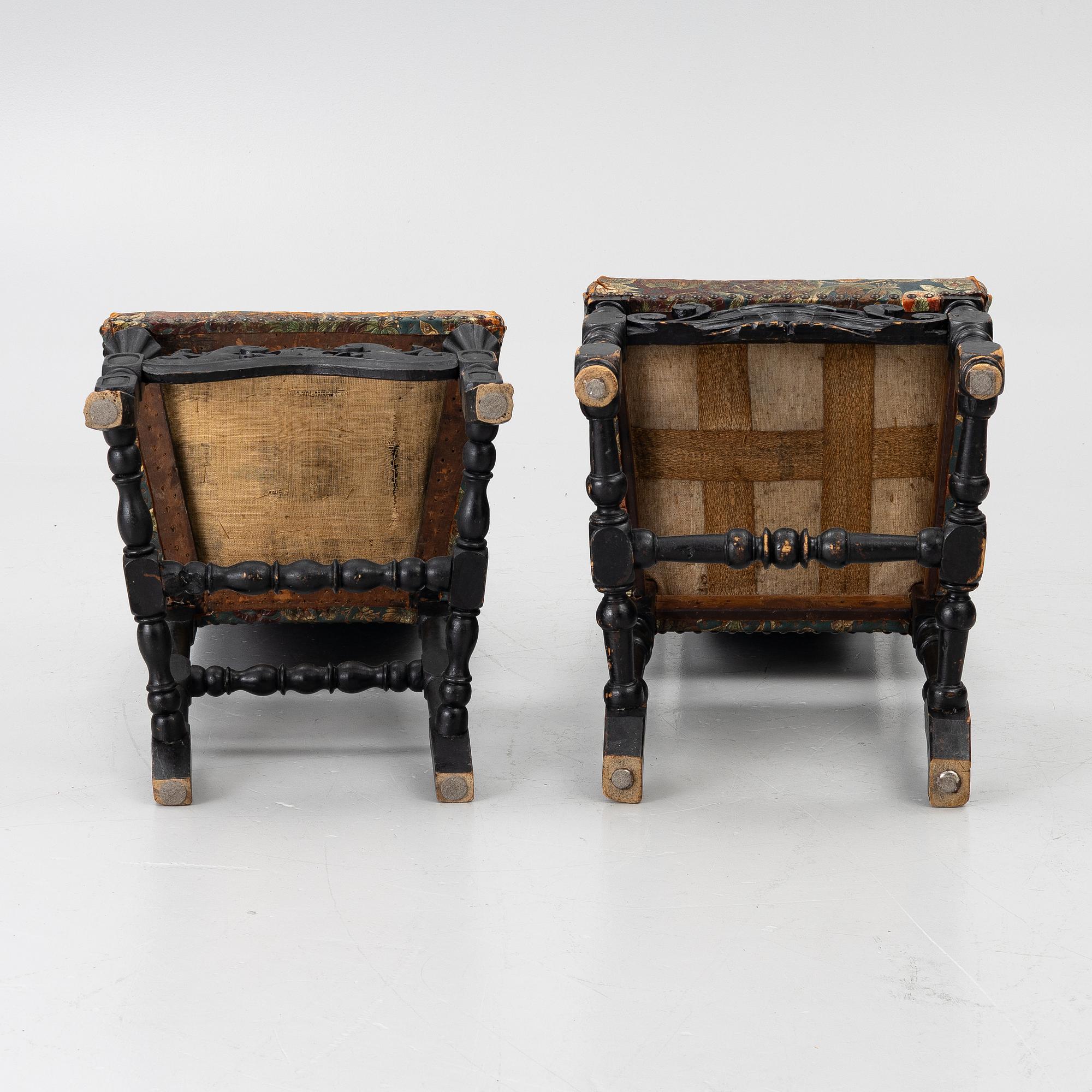 Two chairs, Caroline Baroque, 18th century.