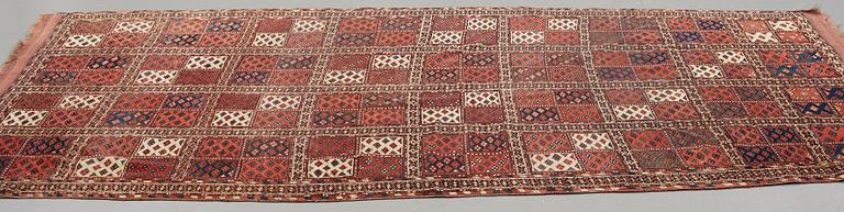 Matto, an antique Beshir, ca 285,5-289 x 144,5-164,5 cm (as well as several cm red and blue flat weave at the ends).