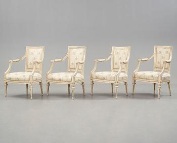 KARMSTOLAR, fyra stycken. Stockholmsarbeten 1700-talets slut, Gustavianska.