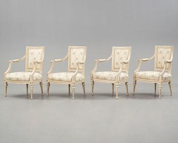 A set of four Gustavian late 18th century armchairs.