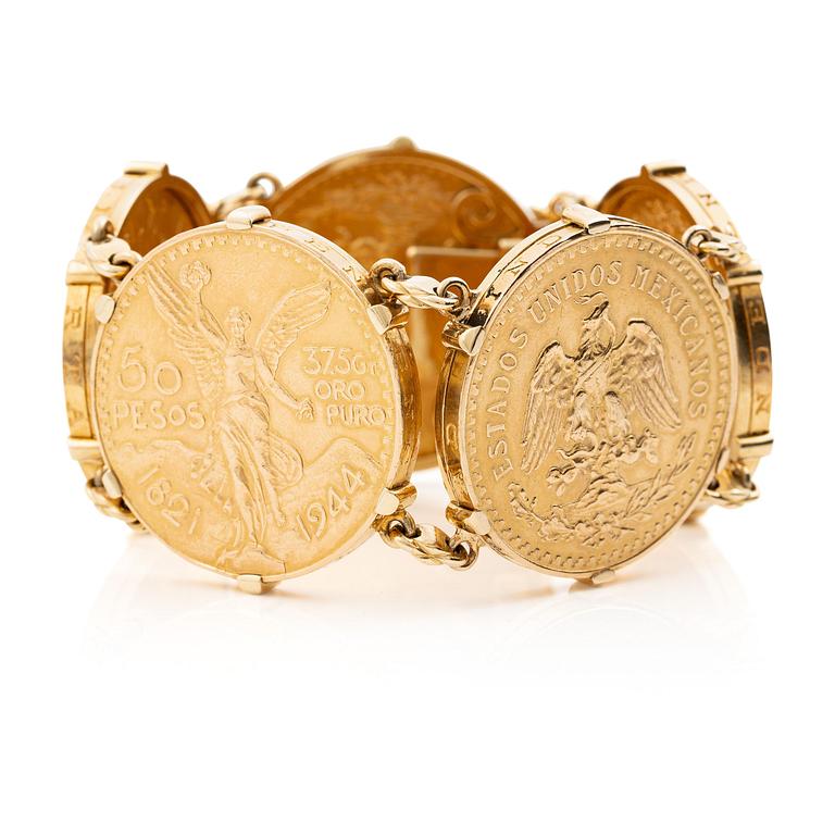 A bracelet gold set with mexican gold coins.