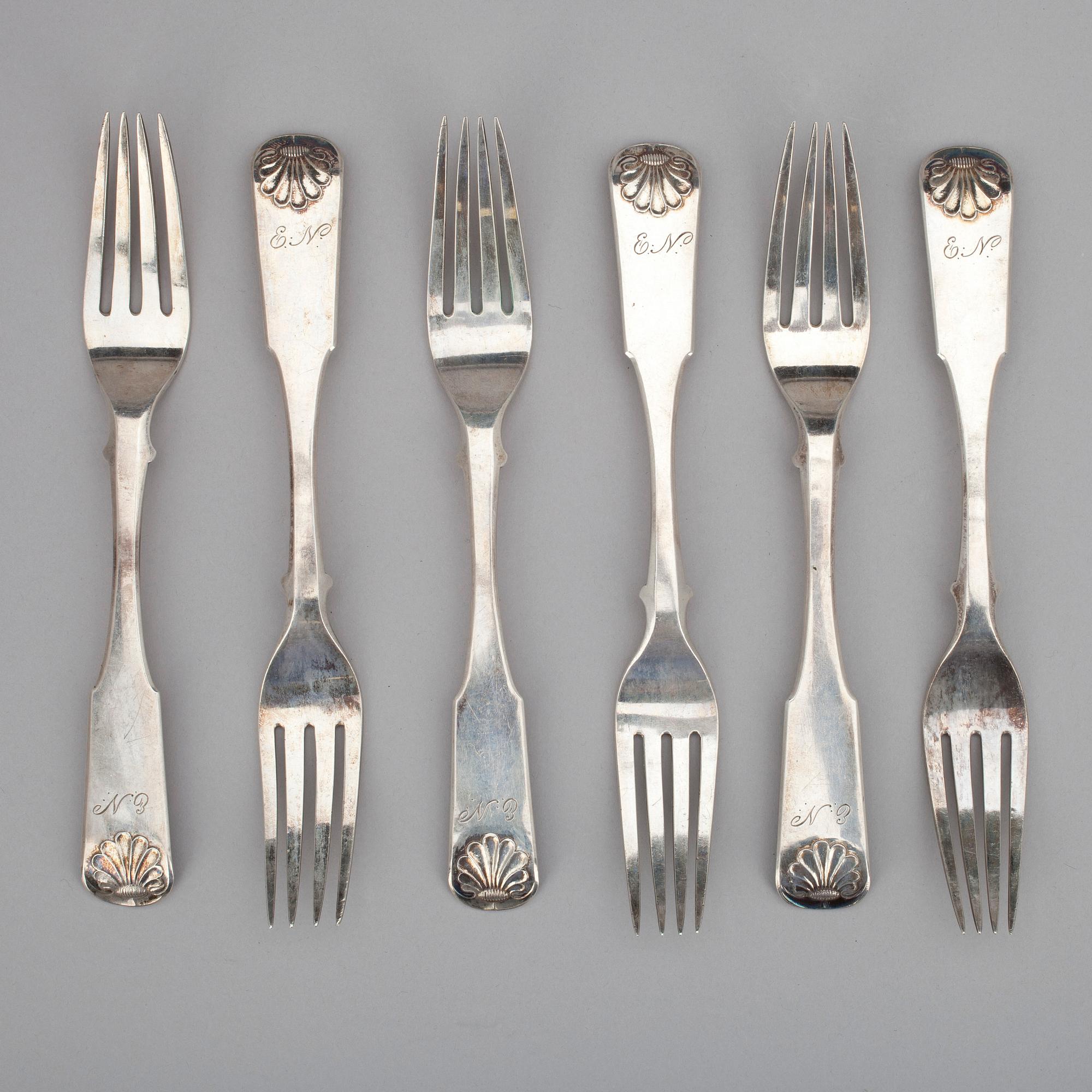 GAFFLAR, 6 st, silver, Fredrik Bredholm, Kuopio Finland 1850. Vikt 397 g.