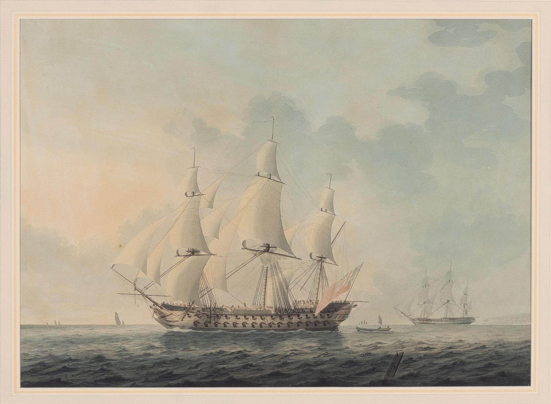 H Evans, 17th/18th century, English line ship off the coast.