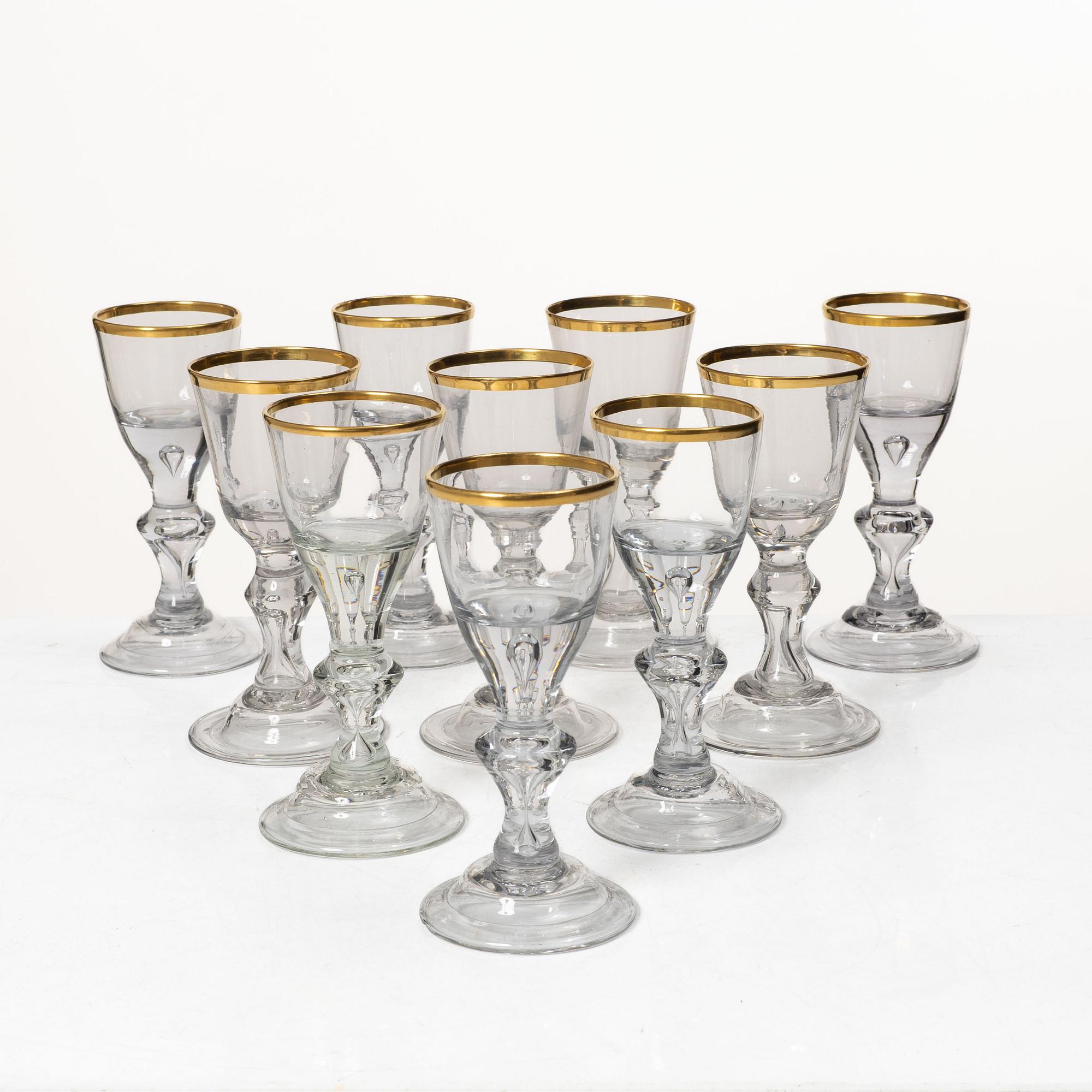 Ten Baroque style wine glasses, 20th Century.