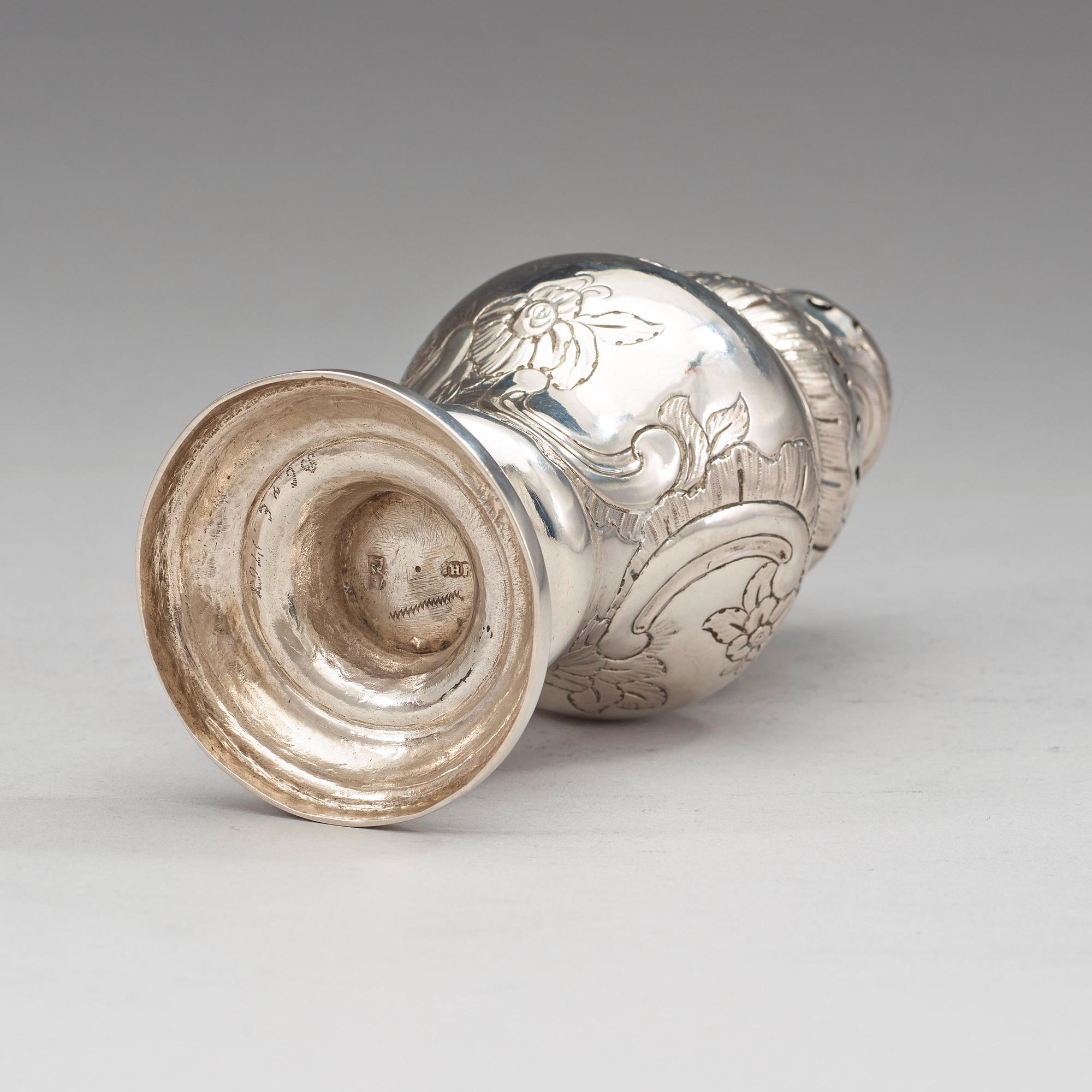 A German 18th century silver suggar-caster, unidentified marks.