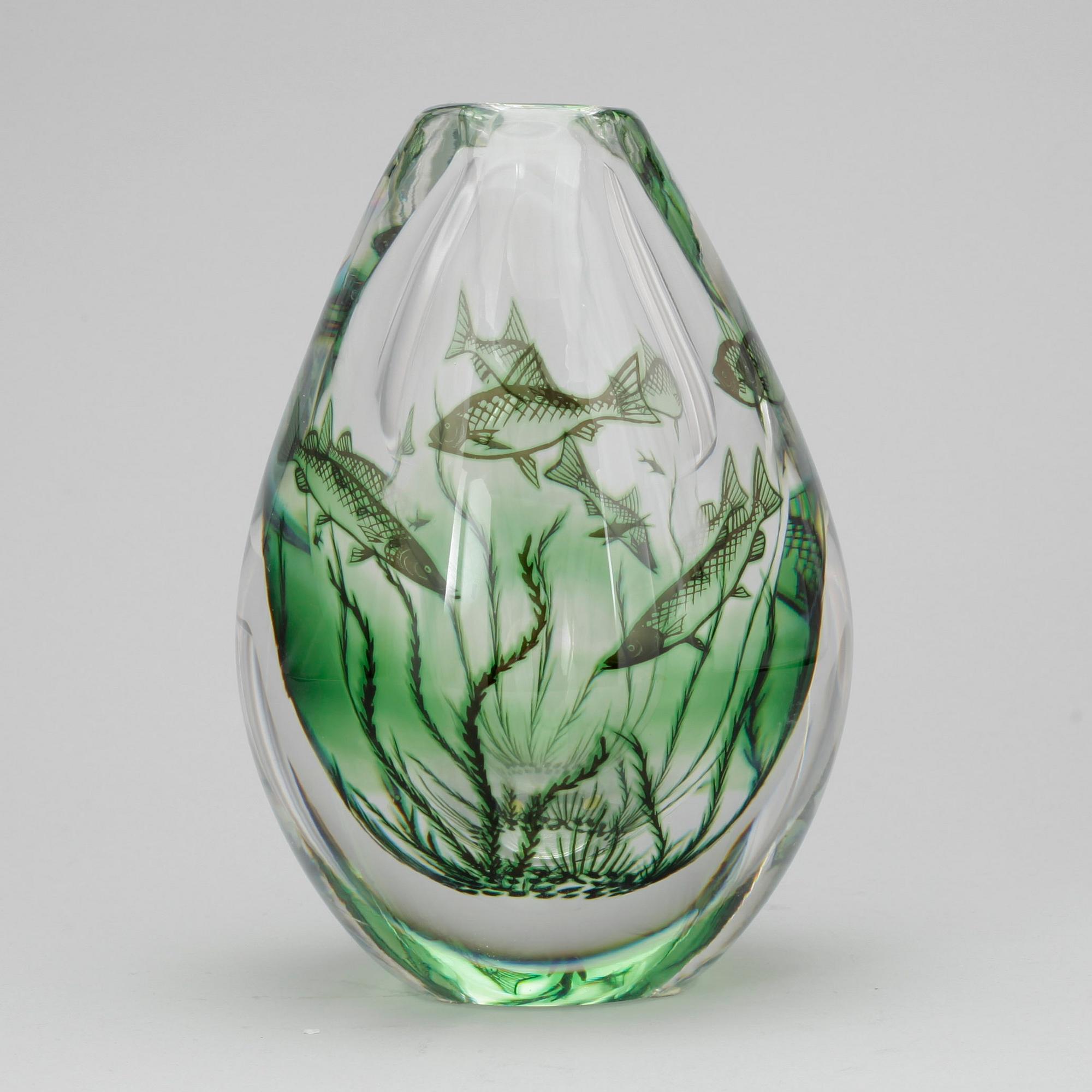 VAS, glas, fiskgraal, Edward Hald, Orrefors, sign, numr 221-E6.