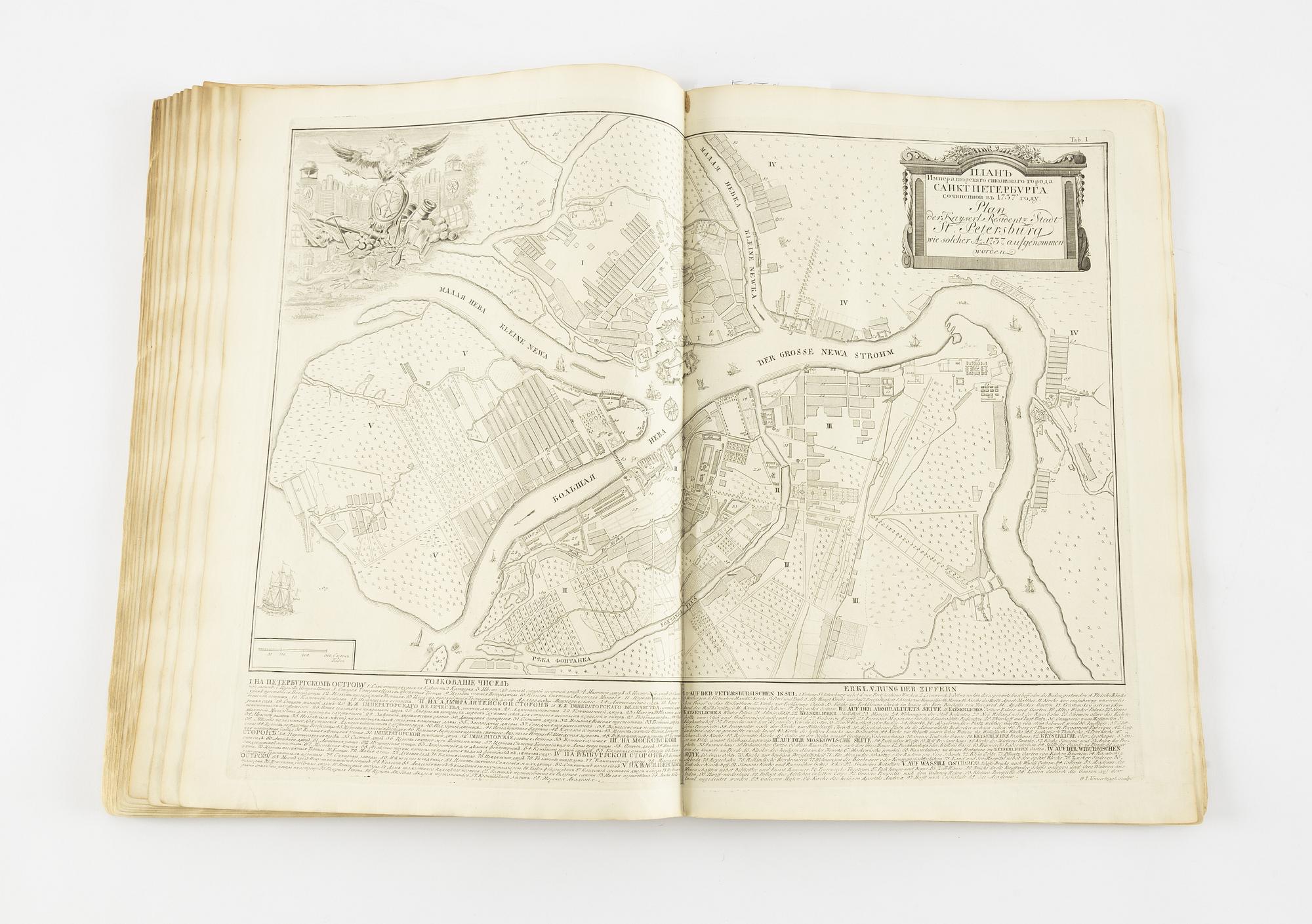 The rare Makhaev wall map of St. Petersburg, with other views and maps, 1753, 1741 and 1739.