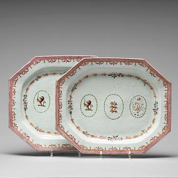 803. A pair of famille rose armorial dishes, Qing dynasty, Qianlong (1736-95).