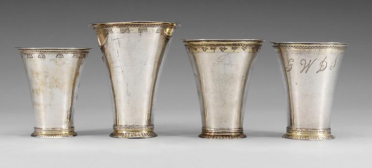 BÄGARE, 4 st, silver, Johan Petterson Berg, Norrköping 1748, Jonas Berg, Sthlm 1763,