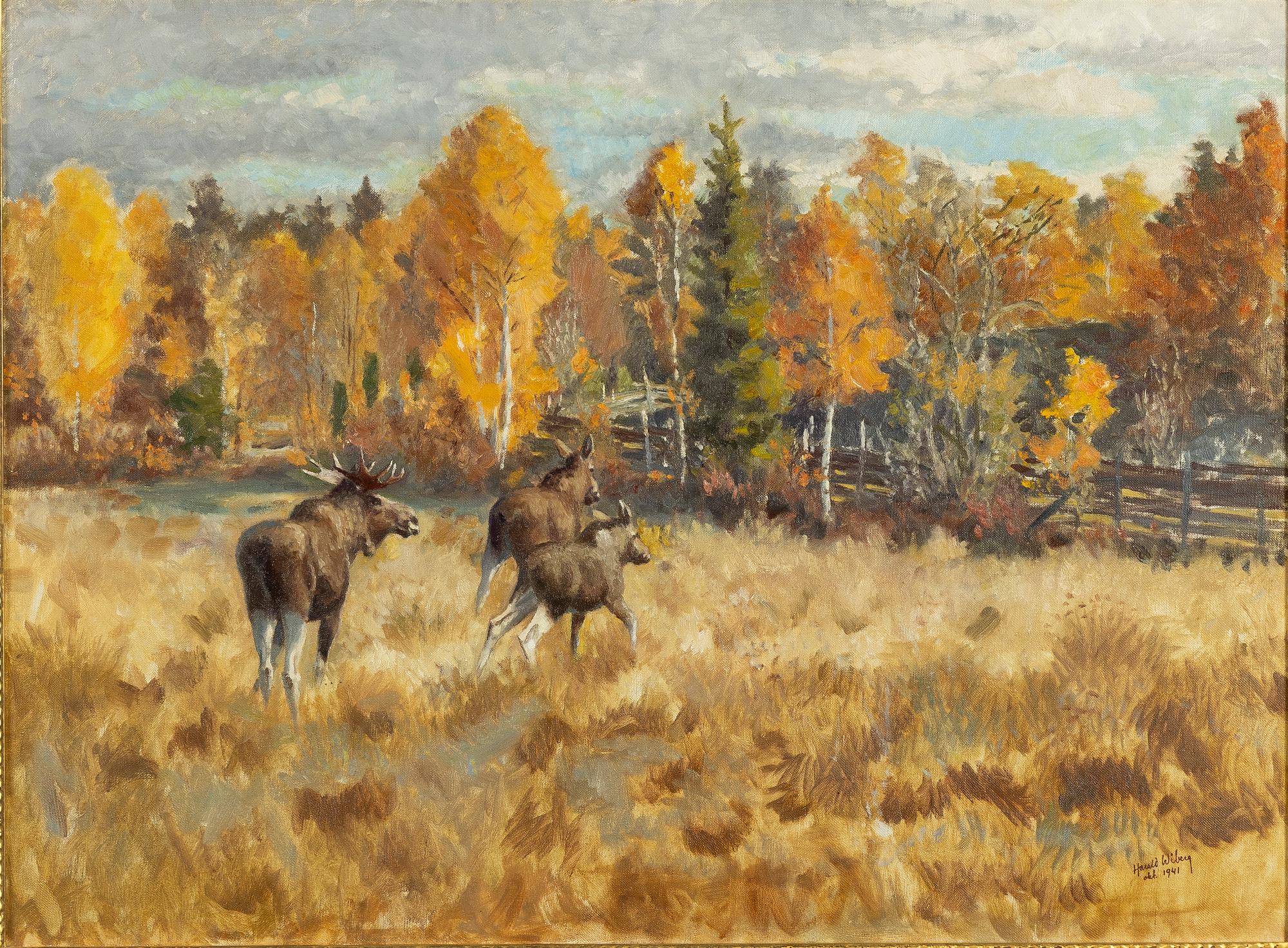 Harald Wiberg, Moose in autumn landscape.