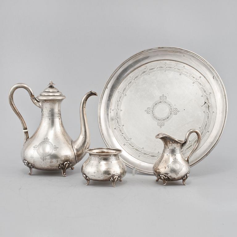 KAFFESERVIS, 4 delar, låghaltigt silver, omkring 1900. Vikt 720 g.