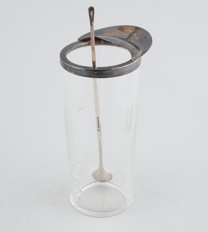 Cocktail jug and stirrer in glass and silver by Anton Michelsen, Denmark, mid/third quarter of the 20th century.